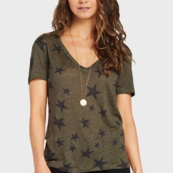 Rails Cara V-Neck Slub Knit Tee - Green with Black Stars (Size S) - Picture 1 of 7